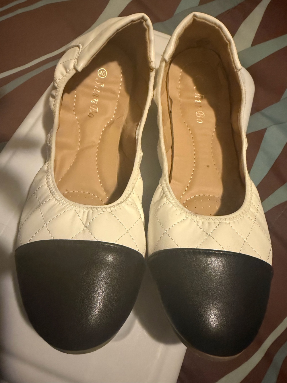 Quilted Cream and Black Cap-Toe Ballet Flats
